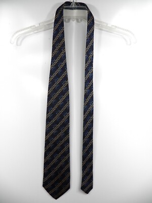 FENDI MENS 100% SILK NECK TIE BLUE GOLD CHAIN SPADES STRIPE LUXURY