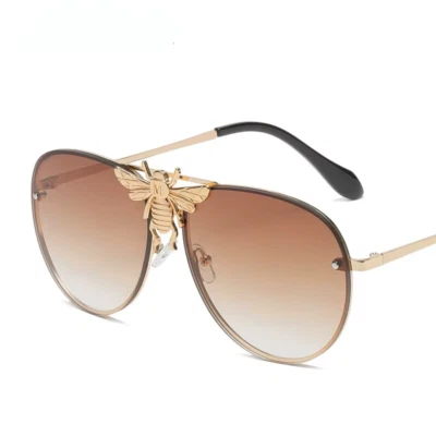 FASHION Luxury Bee Aviator Sunglasses Men Women Gold Frame - Brown Gradient Lens UV400