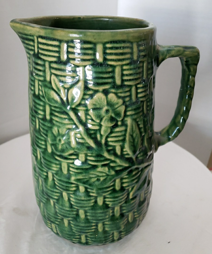 BRUSH McCOY Moring Glory Willow Basket Weave Green Glaze Pitcher Tankard 9"