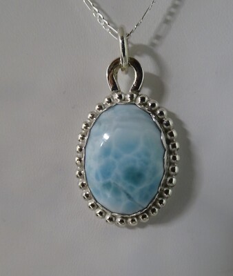 FANTASTIC HANDCRAFTED LARIMAR PENDANT BEZEL SET IN STERLING SILVER WITH CHAIN