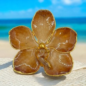 Authentic Vintage 1960s Gold plated Laquer Dipped Enamel Orchid Flower Brooch Pin Pendant