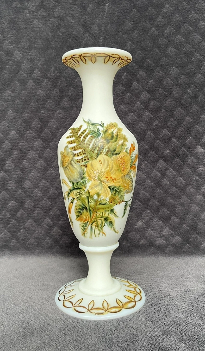 19th Century French Hand Blown White Opaline Art Glass Hand Painted Floral Vase
