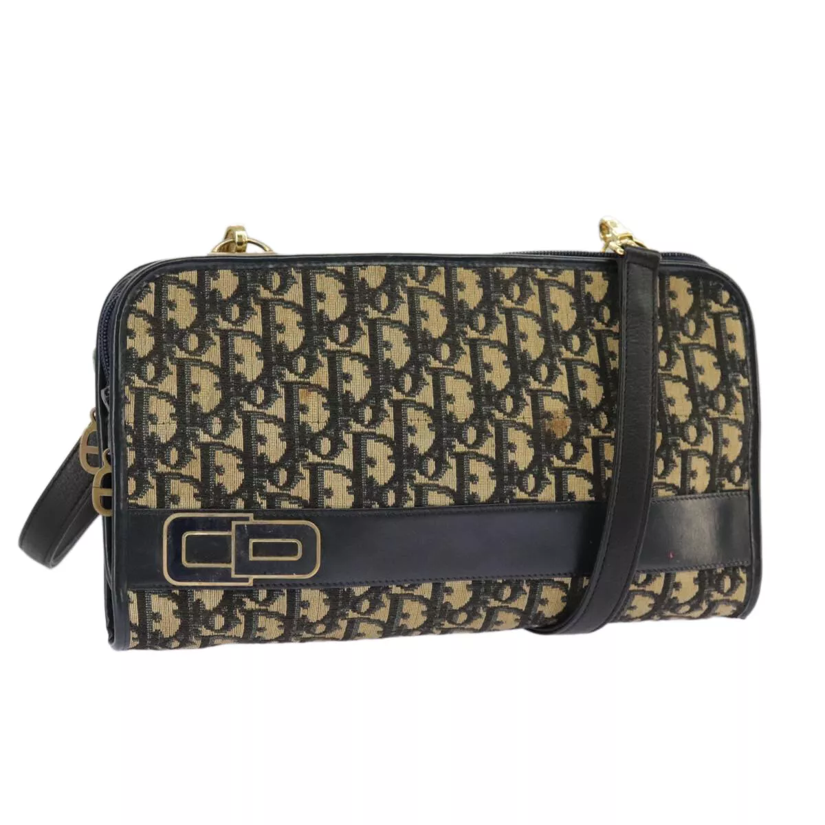 Sac bandoulière Christian Dior trotteur toile marine or authentique 98475