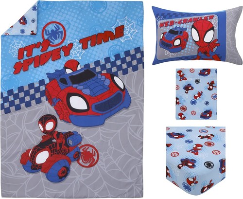 Spidey Toddler Cot Bed 4Pc Comforter Quilt Sheet Set Boys Spider Man Blue - Picture 5 of 7