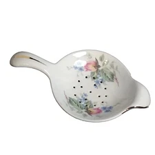 Vintage Tea Strainer Bone China Floral Design Gold Trim Unsigned Approx 5.25" L