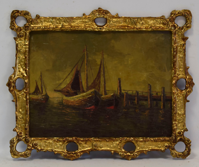 #ad Ca. 1940–1950 Old painting North Sea fishing harbor oil signed 20.7 x 16.9 in $240.00