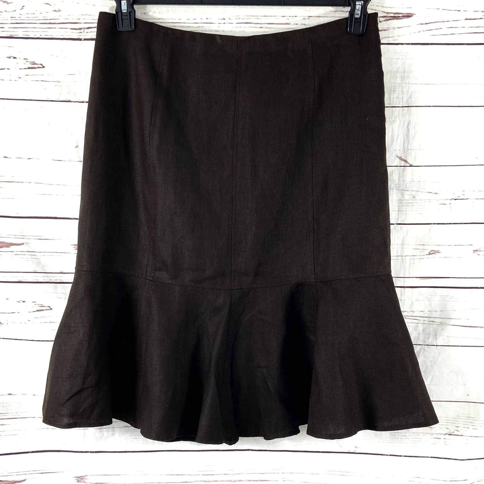 Lauren Ralph Lauren Skirt Women’s 14 Brown 100% Linen Ruffle Trim New
