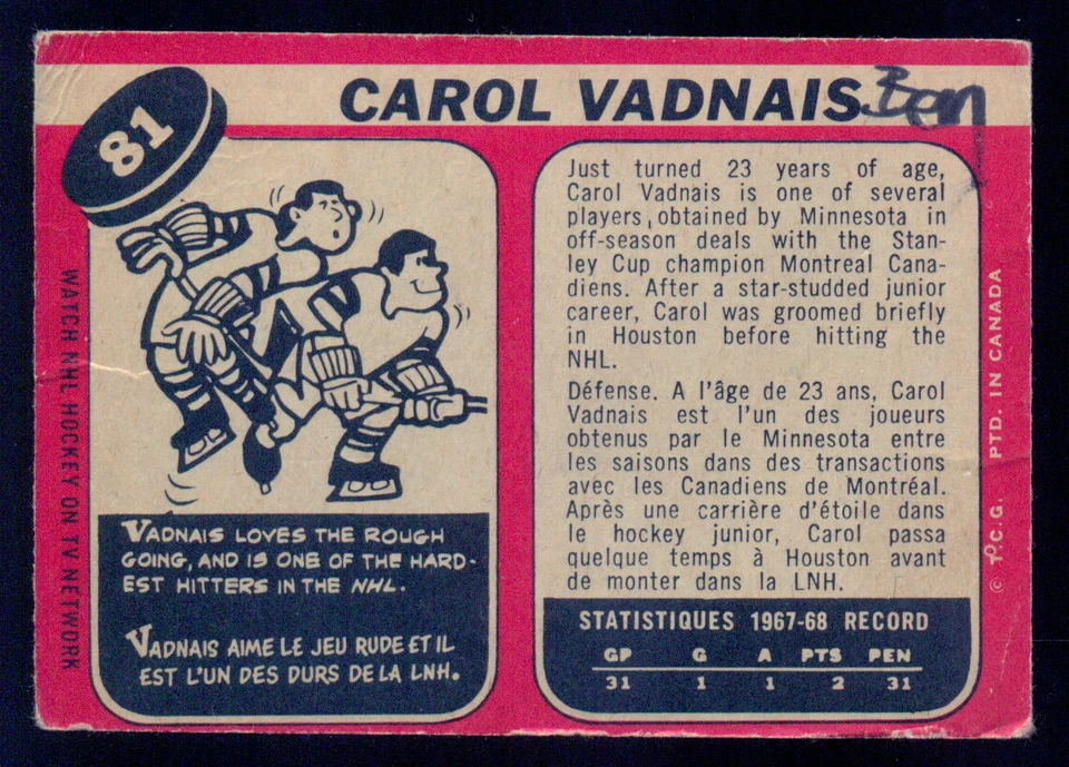1968-69 OPC O PEE CHEE HOCKEY #81 Carol Vadnais VG Oakland Golden Seals Card - Image 2 of 2