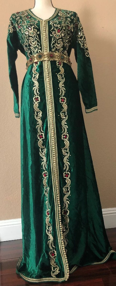 Green Velvet Moroccan Caftan Kaftan Gold Embroideries Ruby And