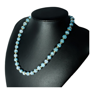 Murano Glass Necklace Light Blue White Gold 42 Sommerso Beads 46cm Venice