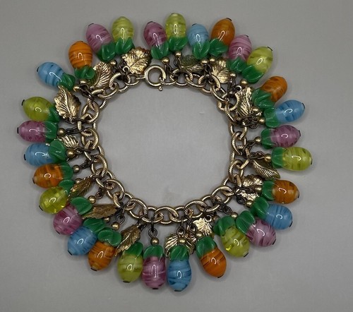Napier Womens Charm Bracelet Murano Glass Gold Tone Metal Leaves Loaded 7.25”