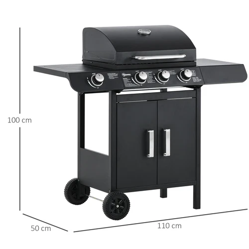 Outsunny Barbecue a Gas con Coperchio e Termometro, Fornello Laterale e 2 Ruote - Foto 4 di 10