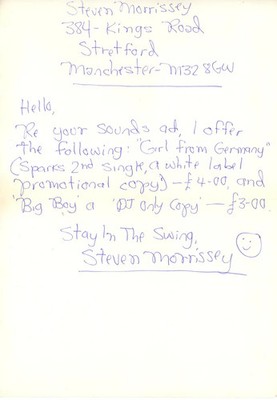 Steven Morrissey (The Smiths) Handwritten letter 1979