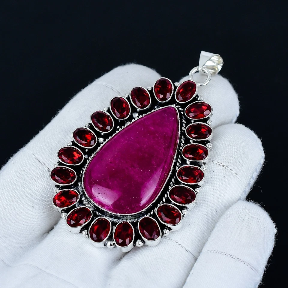 Ruby Lab Created & Garnet Gemstone Pendant 925 Sterling Silver Jewelry For Gifts - Image 3 of 4