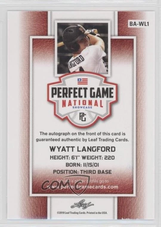 2019 Leaf Perfect Game National Showcase Black /50 Wyatt Langford #BA-WL1 Auto - Image 2 of 2