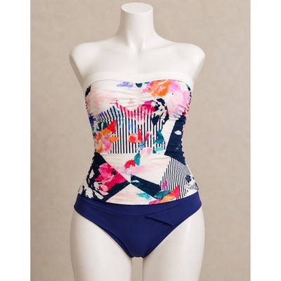 Hapari Floral Geometric Strapless Tankini High Waist Bikini Navy Pink Set Sz M