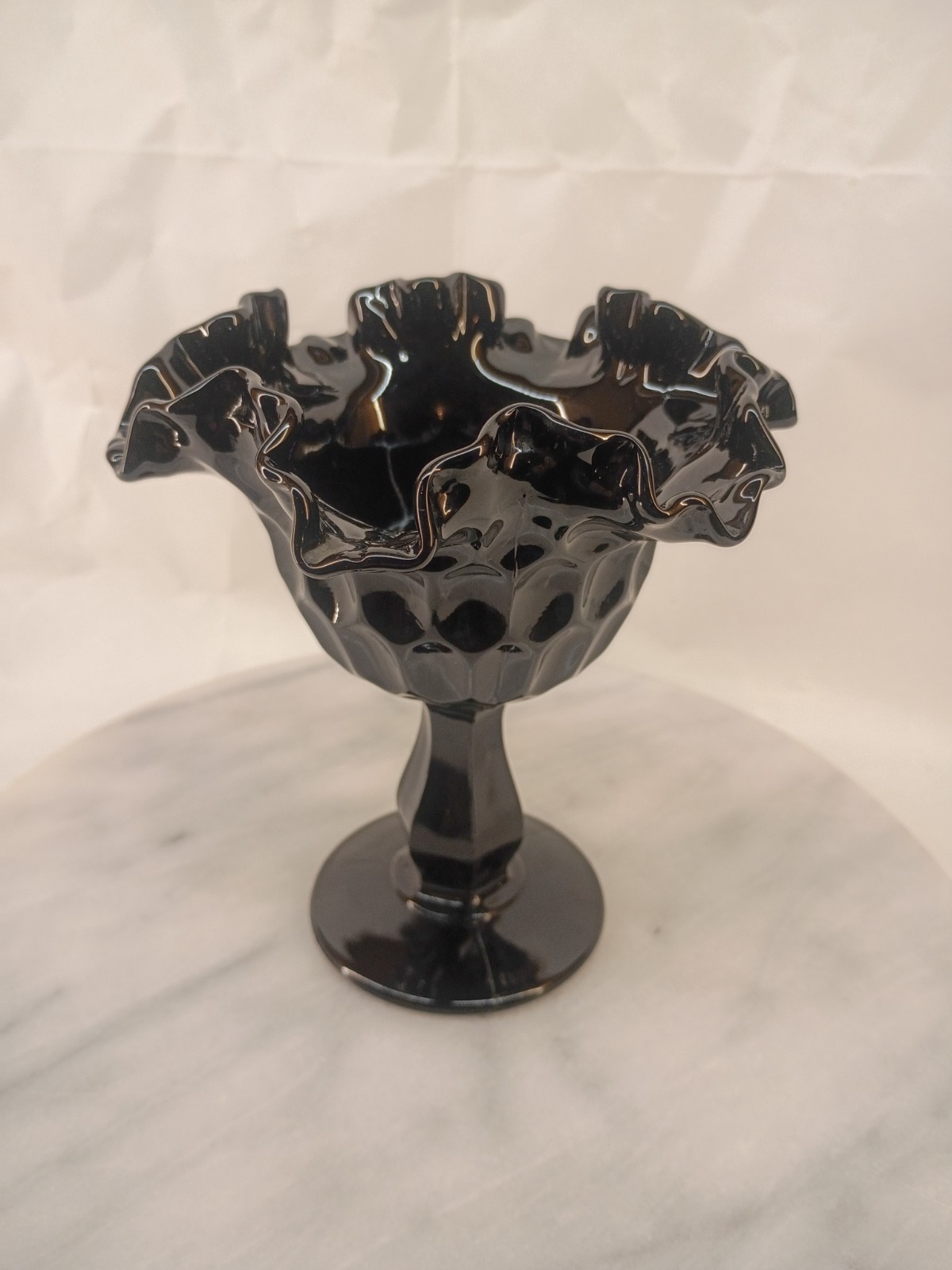 Vintage Black Glass Thumbprint Ruffled Edge Pedestal Compote Candy Dish.