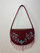 Vintage Red Beaded Fringe Evening Handbag with Blue Floral Embroidery