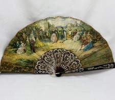 Vtg Pedro Martin S.A. Madrid Hand Fan Hand Painted 2 Sided Linen