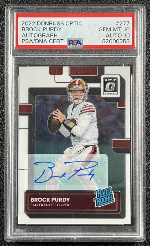 BROCK PURDY PSA 10 2022 PANINI DONRUSS OPTIC #277 RATED ROOKIE 10 AUTO RC 65/150