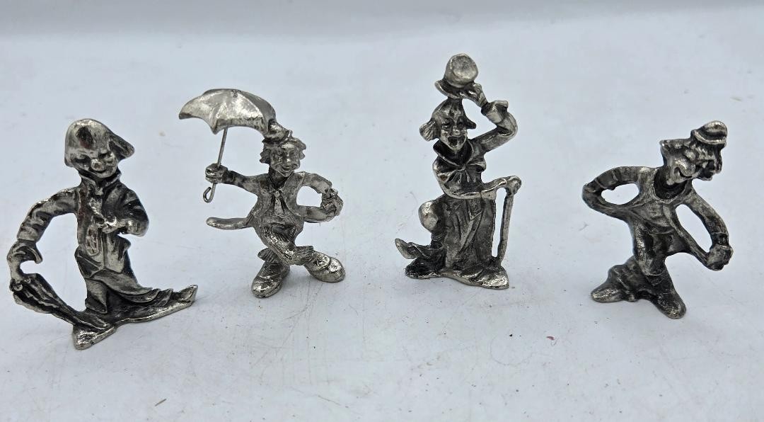 Vintage Cast Metal CIRCUS CLOWN Figure Set of 4 Mini Figurines (2-1/2” Max.)
