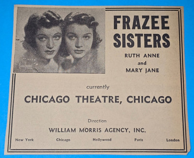 Vintage 1940 Magazine Ad FRAZEE SISTERS Chicago Theatre Illinois William Morris