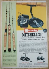 1960s Garcia Mitchell 300 Print Ad Fishing Reel, Rods 7.5"x10.5" VTG Advertising