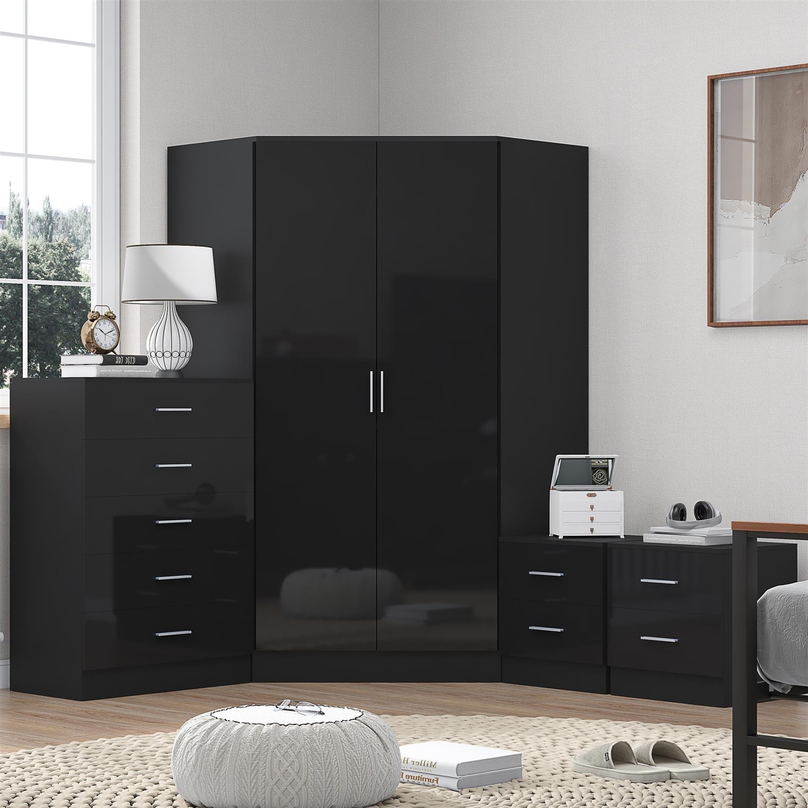 REFLECT Bundle - Corner Wardrobe + Chest + 2x 2 Drawer Bedsides - Black/Black