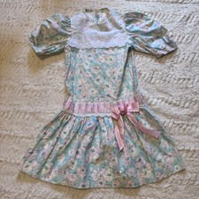 Vintage Peaches n Cream Dress Girls Size 8 Floral Cottagecore Puff Sleeve USA