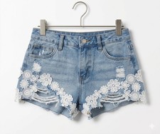 Primark Womens Light Wash Distressed Denim Shorts White Lace Trim Size UK 8
