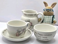 Wedgewood Mrs Tiggy Wiggle Beatrix Potter Tea Set Cup Plate Bowl  Chipped Cream