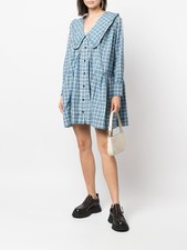GANNI Plaid Shirt Dress 38 Blue/White Long Sleeve V-Neck Button Front Short