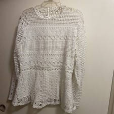 Womens White Long Sleeve All Crochet Lace Top Blouse L Large Bust 40 Lined READ