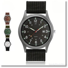 Men's Army Military Luminous 24 Hours Dial Nylon Strap Date Quartz Wrist Watch