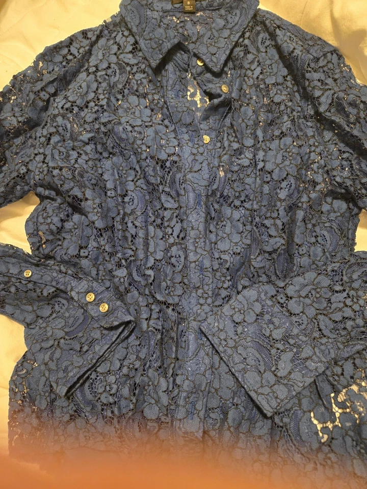 Camisa J Crew Azul Encaje Transparente Abotonada Talla 8 Cuello Manga Larga Foto 2 de 4