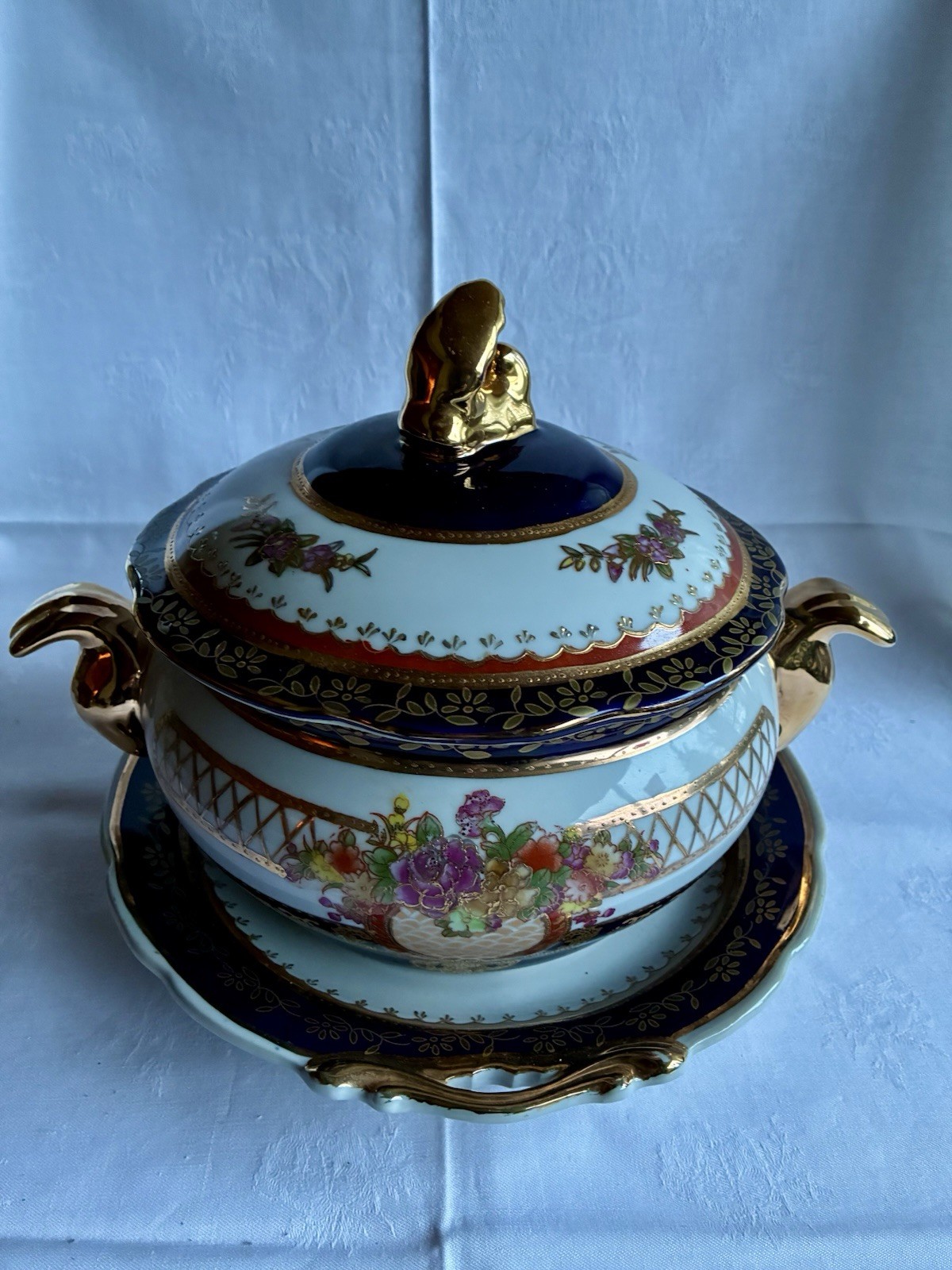 Suppenterrine mit Deckel und einem großen Teller Oro Cobalto Vaso Porzellan