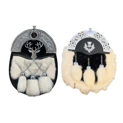 Scottish Stag Head & White Rabbit Fur Sporran Men's Traditional Kilt Sporran
