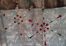 2 Vtg Snowflake Clear Glass Beads Wired Christmas Ornament Silver 6"