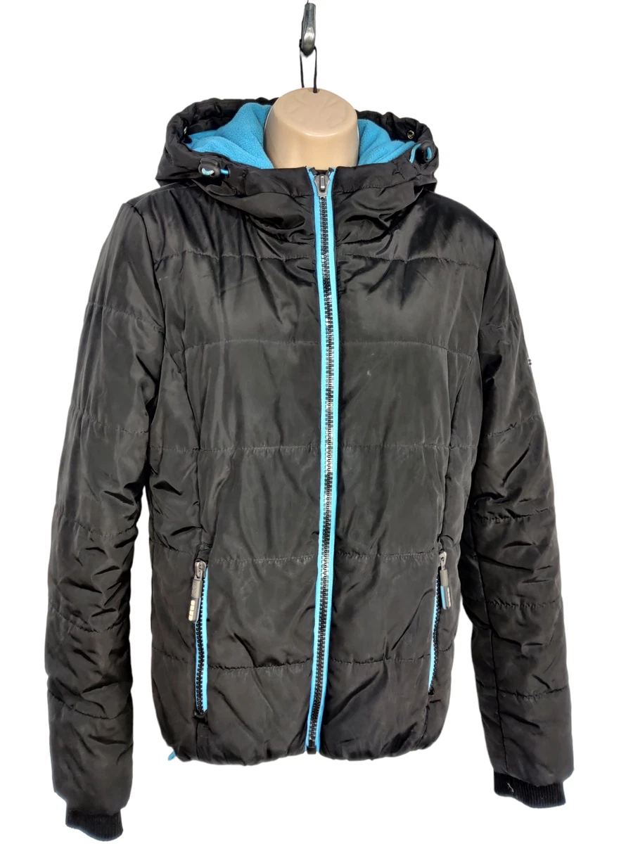 WOMENS SUPERDRY SPORT BLACK PADDED COAT JACKET FLEECE LINED HOODED
