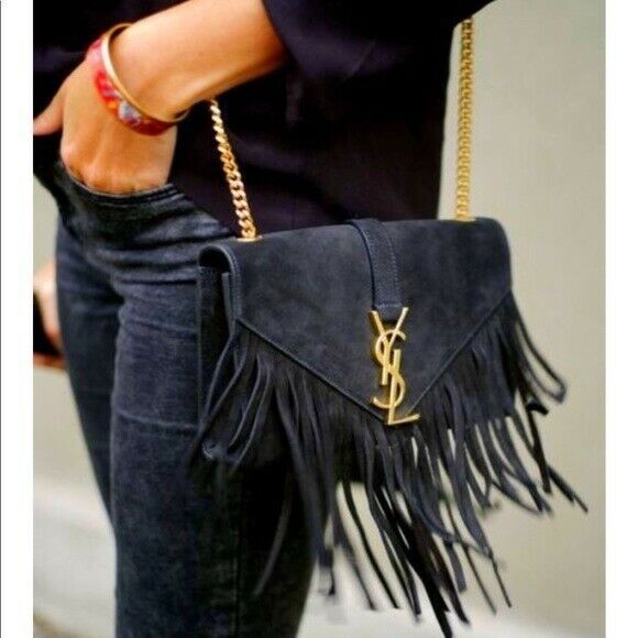 YSL Saint Laurent Monogram Suede Black Fringe Crossbody Bag YSL Saint Laurent Monogram Suede Black Fringe Crossbody Bag