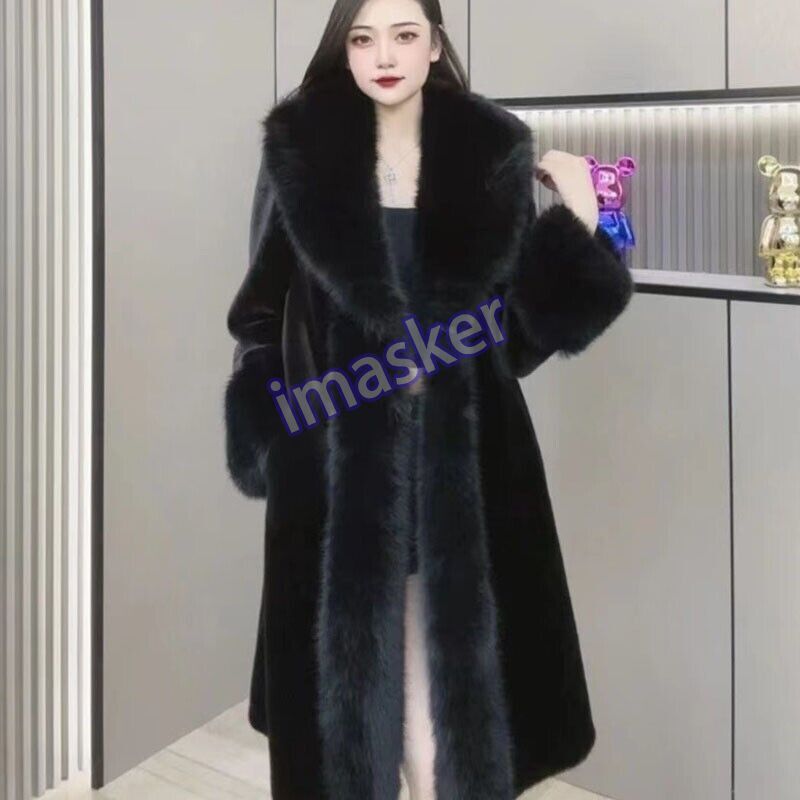 Winter Warm Faux Mink Fur Coat with Fox Collar Long Jacket for Women