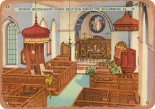 METAL SIGN - Virginia Postcard - Interior, Bruton Parish Church, built 1678, re