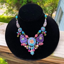 Lovely Ayala Bar Necklace Blue & Purple Fabric & Beads, Earrings Sold Separately