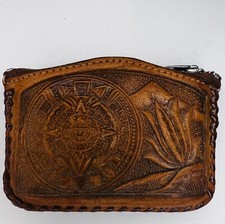 VTG Handmade Hand Tooled Leather Coin Purse Zipper, Western, Mexican, With Jacks