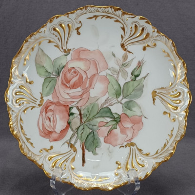 T&V Limoges Signed JHC Hand Painted Large Pink Roses & Gold 9 Inch Plate