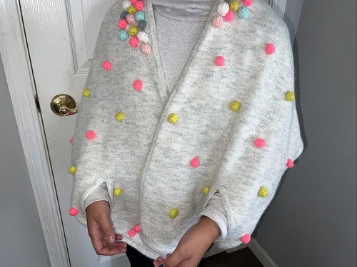 Cat & Jack Girls Ivory/Gray Colorful Pom Cape Poncho Sweater Top L/XL acrylic
