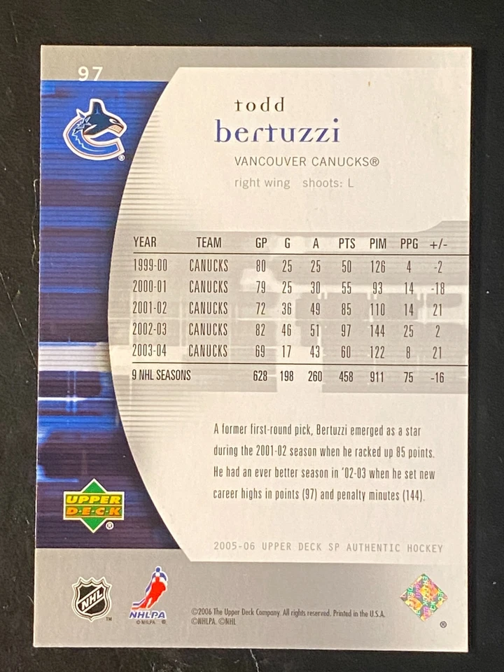 Todd Bertuzzi 2005-06 Upper Deck SP Authentic #97 Vancouver Canucks - Image 2 of 2