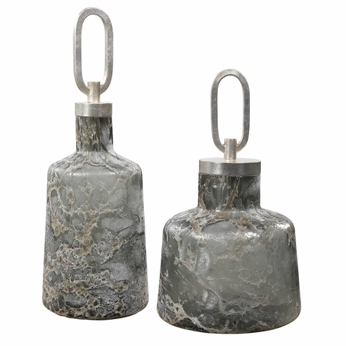 Modern Textured Art Glass Bottle Set 2 Gray Silver Storm Drip Large Jar Vase - Picture 1 of 3