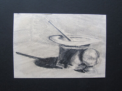 Vintage Outsider Art Pencil Sketch Of Magic Hat, Wand & Crystal Ball - MYSTICAL!
