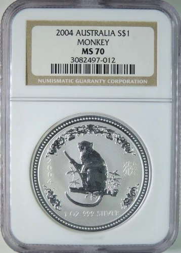 2004 Australia Lunar Year of the Monkey 1oz .999 Silver $1 Coin NGC MS70